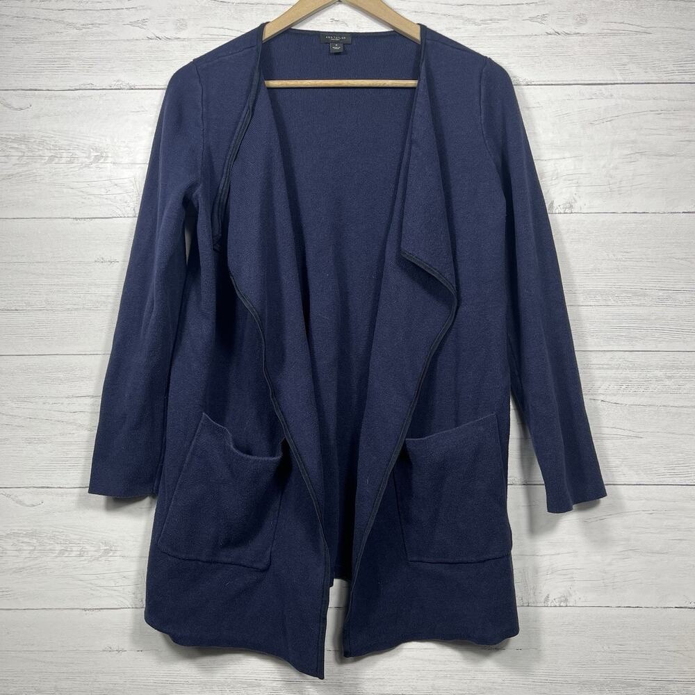 Ann Taylor womens blue long sleeve cardigan size medium pockets cotton viscose